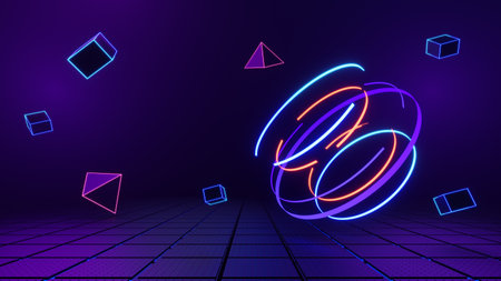 3d technology abstract neon light background, empty space scene, spotlight, dark night, virtual reality, cyber futuristic sci-fi background, street floor studio for mock up. colored geometric.の写真素材