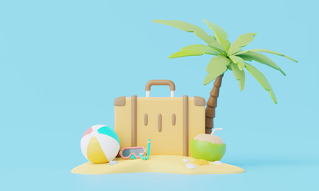 3D render Summer vacation, beach and sea icon elements objects group, holidays background concept, Realistic Display for Product mock-up or Cosmetics with summer theme. minimal cute design.の写真素材