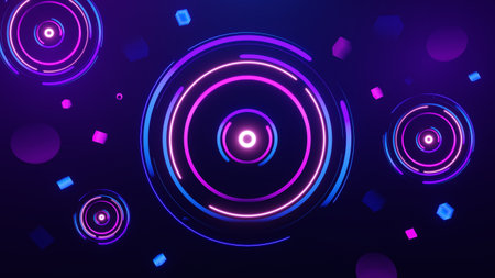 3d technology abstract neon light background, empty space scene, spotlight, dark night, virtual reality, cyber futuristic sci-fi background, street floor studio for mock up. colored geometric.の写真素材