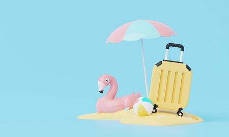 3D render Summer vacation, beach and sea icon elements objects group, holidays background concept, Realistic Display for Product mock-up or Cosmetics with summer theme. minimal cute design.の写真素材