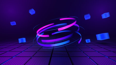 3d technology abstract neon light background, empty space scene, spotlight, dark night, virtual reality, cyber futuristic sci-fi background, street floor studio for mock up. colored geometric.の写真素材