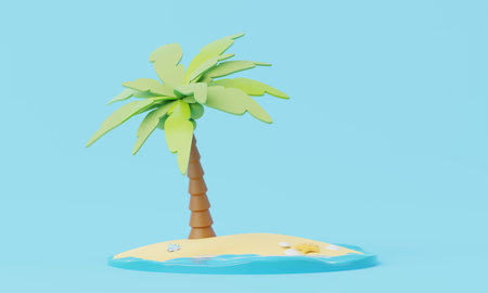3D render Summer vacation, beach and sea icon elements objects group, holidays background concept, Realistic Display for Product mock-up or Cosmetics with summer theme. minimal cute design.の写真素材