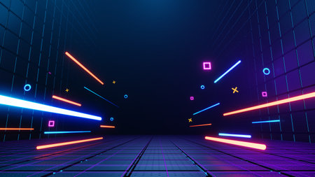 3d technology abstract neon light background, empty space scene, spotlight, dark night, virtual reality, cyber futuristic sci-fi background, street floor studio for mock up. colored geometric.の写真素材