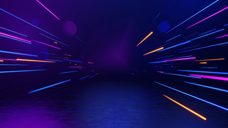 3d technology abstract neon light background, empty space scene, spotlight, dark night, virtual reality, cyber futuristic sci-fi background, street floor studio for mock up. colored geometric.の写真素材