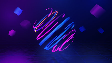 3d technology abstract neon light background, empty space scene, spotlight, dark night, virtual reality, cyber futuristic sci-fi background, street floor studio for mock up. colored geometric.の写真素材