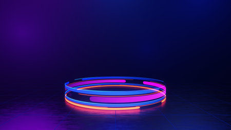 3d technology abstract neon light background, empty space scene, spotlight, dark night, virtual reality, cyber futuristic sci-fi background, street floor studio for mock up. colored geometric.の写真素材