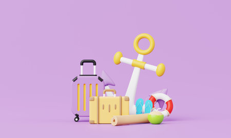 3D render Summer vacation, beach and sea icon elements objects group, holidays background concept, Realistic Display for Product mock-up or Cosmetics with summer theme. minimal cute design.の写真素材