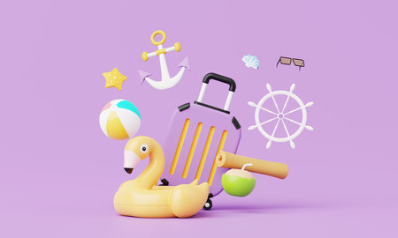 3D render Summer vacation, beach and sea icon elements objects group, holidays background concept, Realistic Display for Product mock-up or Cosmetics with summer theme. minimal cute design.の写真素材