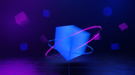 3d technology abstract neon light background, empty space scene, spotlight, dark night, virtual reality, cyber futuristic sci-fi background, street floor studio for mock up. colored geometric.の写真素材