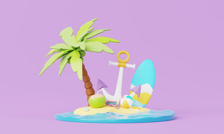 3D render Summer vacation, beach and sea icon elements objects group, holidays background concept, Realistic Display for Product mock-up or Cosmetics with summer theme. minimal cute design.の写真素材