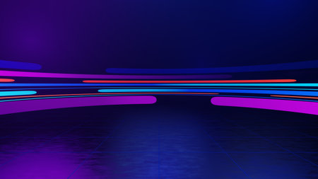 3d technology abstract neon light background, empty space scene, spotlight, dark night, virtual reality, cyber futuristic sci-fi background, street floor studio for mock up. colored geometric.の写真素材