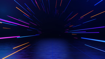 3d technology abstract neon light background, empty space scene, spotlight, dark night, virtual reality, cyber futuristic sci-fi background, street floor studio for mock up. colored geometric.の写真素材