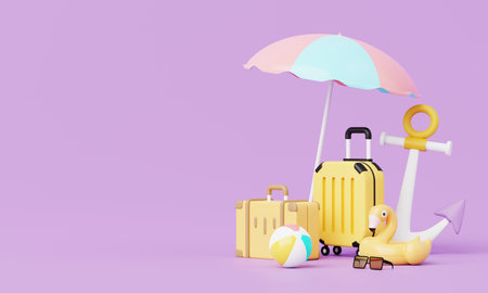 3D render Summer vacation, beach and sea icon elements objects group, holidays background concept, Realistic Display for Product mock-up or Cosmetics with summer theme. minimal cute design.の写真素材