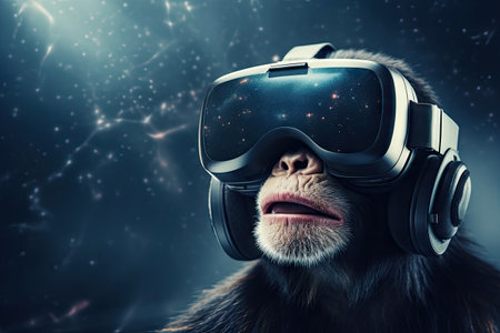 Portrait of Monkey Chimpanzee wearing VR glasses head set or AR technology, Virtual reality background concept, Digital and technology of simulator world, with Generative Ai.の素材