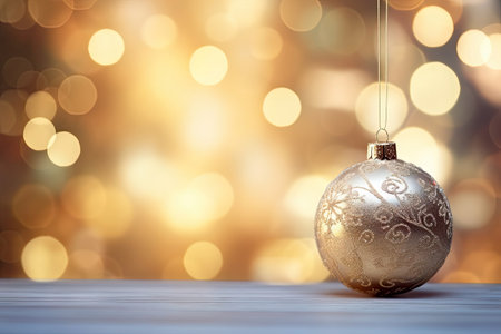 Christmas ornaments ball and gift decorated in winter season with snowflake and bokeh glitter light background for mock up, Christmas eve new year background, with Generative Ai.の素材