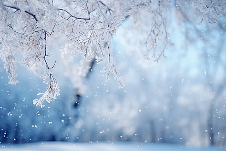 Winter season with snow caps covered branches of pine tree in Christmas festival, snowflake and bokeh glitter light background for mock up, Christmas eve new year background, with Generative Ai.の素材