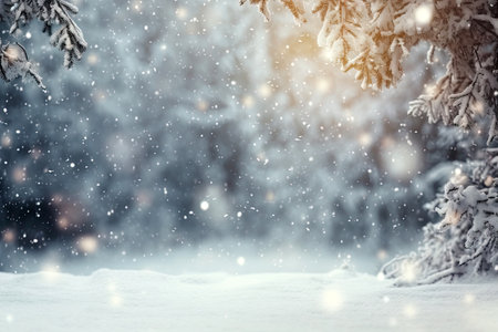 Winter season with snow caps covered branches of pine tree in Christmas festival, snowflake and bokeh glitter light background for mock up, Christmas eve new year background, with Generative Ai.の素材