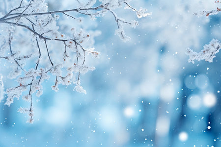 Winter season with snow caps covered branches of pine tree in Christmas festival, snowflake and bokeh glitter light background for mock up, Christmas eve new year background, with Generative Ai.の素材