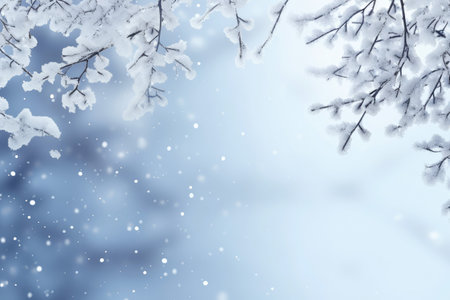 Winter season with snow caps covered branches of pine tree in Christmas festival, snowflake and bokeh glitter light background for mock up, Christmas eve new year background, with Generative Ai.の素材