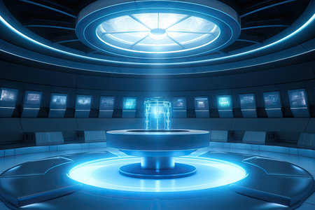Technology abstract blue hi-tech stage display background, empty space scene, spaceship, dark night, virtual reality, futuristic Sci-fi tunnel background, studio for mock up with Generative Ai.の素材