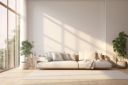 Cozy beige of modern interior living room design, decorate with luxury large sofa, vase and glass window with natural light cast and shadow, with Generative Aiの素材