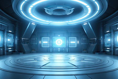 Technology abstract blue hi-tech stage display background, empty space scene, spaceship, dark night, virtual reality, futuristic Sci-fi tunnel background, studio for mock up with Generative Ai.の素材