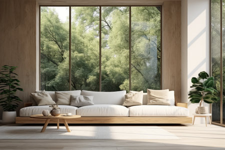 Cozy beige of modern interior living room design, decorate with luxury large sofa, vase and glass window with natural light cast and shadow, with Generative Aiの素材