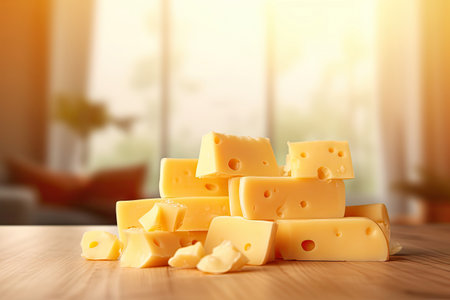Various stack of cheese on wooden table and blurry natural light in the kitchen background, copy space for text, food and diet concept, with Generative Ai.の素材