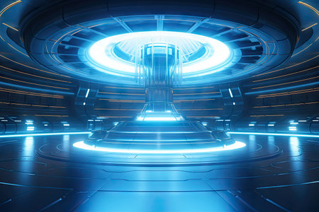 Technology abstract blue hi-tech stage display background, empty space scene, spaceship, dark night, virtual reality, futuristic Sci-fi tunnel background, studio for mock up with Generative Ai.の素材