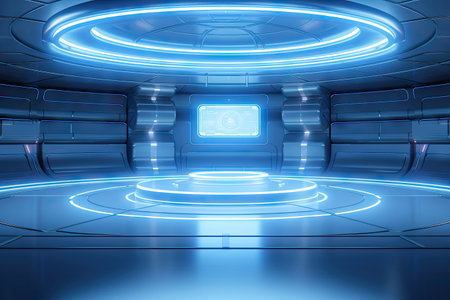 Technology abstract blue hi-tech stage display background, empty space scene, spaceship, dark night, virtual reality, futuristic Sci-fi tunnel background, studio for mock up with Generative Ai.の素材