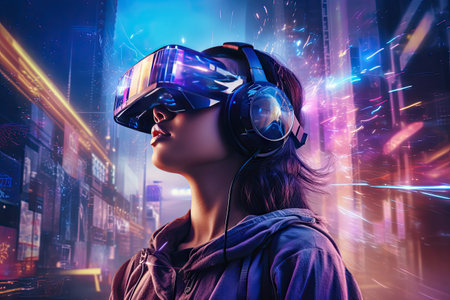 Virtual reality technology world background with VR or AR headset glasses, cyber space futuristic scene, playing virtual game world concept, digital science fiction, with Generative Ai.の素材