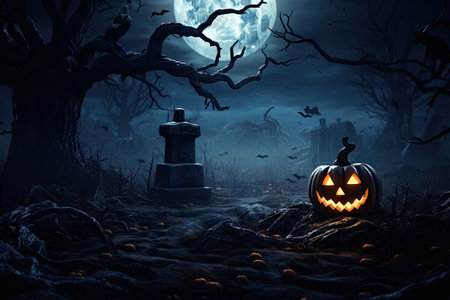 Halloween festive background for invitation card party with pumpkins Jack O lantern, spooky forest at night, bat, spiders and moon, Ghost day festival concept, with Generative Ai.の素材