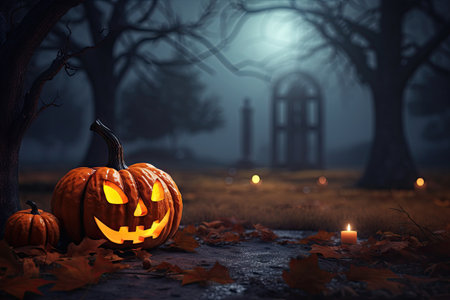 Halloween festive background for invitation card party with pumpkins Jack O lantern, spooky forest at night, bat, spiders and moon, Ghost day festival concept, with Generative Ai.の素材