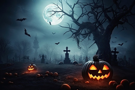 Halloween festive background for invitation card party with pumpkins Jack O lantern, spooky forest at night, bat, spiders and moon, Ghost day festival concept, with Generative Ai.の素材