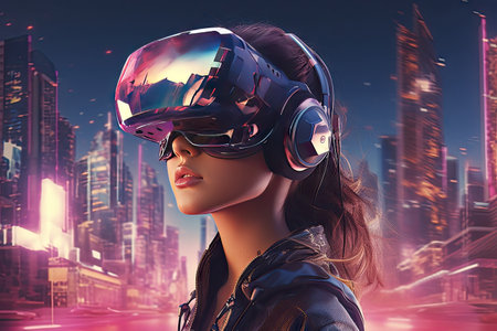 Virtual reality technology world background with VR or AR headset glasses, cyber space futuristic scene, playing virtual game world concept, digital science fiction, with Generative Ai.の素材
