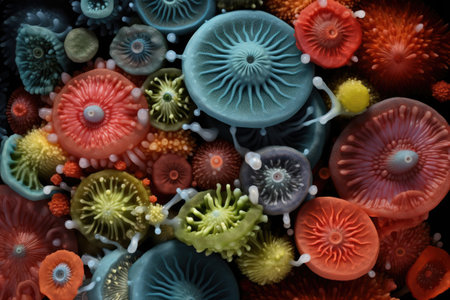 Colorful variety of microorganism inside petri dish plate in laboratory with super macro zoom background, including of bacteria, protozoa, algae, and fungi, with Generative AI.の素材