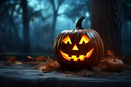 Halloween festive background for invitation card party with pumpkins Jack O lantern, spooky forest at night, bat, spiders and moon, Ghost day festival concept, with Generative Ai.の素材