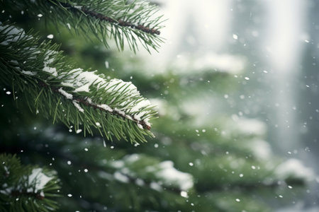 Winter season with snow caps covered branches of pine tree in Christmas festival, snowflake and bokeh glitter light background for mock up, Christmas eve new year background, with Generative Ai.の素材