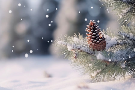 Winter season with snow caps covered branches of pine tree in Christmas festival, snowflake and bokeh glitter light background for mock up, Christmas eve new year background, with Generative Ai.の素材