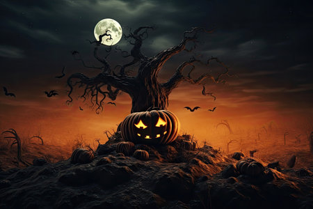 Halloween festive background for invitation card party with pumpkins Jack O lantern, spooky forest at night, bat, spiders and moon, Ghost day festival concept, with Generative Ai.の素材