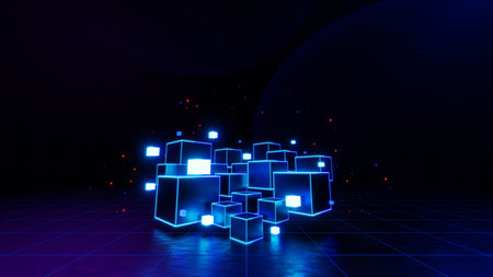 3d technology abstract neon light background, empty space scene, spotlight, dark night, virtual reality, cyber futuristic sci-fi background, street floor studio for mock up. colored geometric.の写真素材