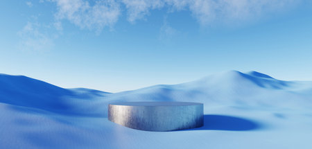 3d render Surreal pastel landscape background with geometric shapes, abstract fantastic desert dune in seasoning landscape with arches, panoramic, futuristic scene with copy space, blue sky and cloudyの写真素材