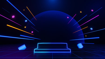 3d technology abstract neon light background, empty space scene, spotlight, dark night, virtual reality, cyber futuristic sci-fi background, street floor studio for mock up. colored geometric.の写真素材