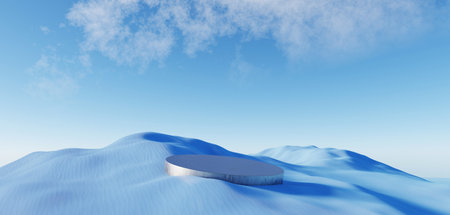 3d render Surreal pastel landscape background with geometric shapes, abstract fantastic desert dune in seasoning landscape with arches, panoramic, futuristic scene with copy space, blue sky and cloudyの写真素材