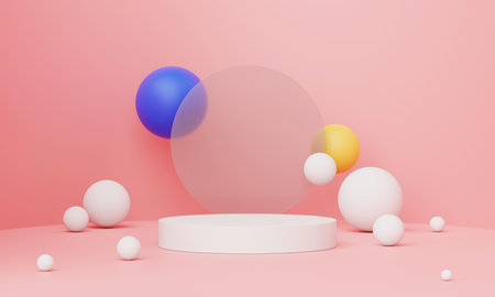 3D Render, Minimal Realistic pastel Display Podium for Product Mock up or Cosmetics Presentation in colorful pastel Studio, Cylinder pedestal showcase scene, geometric shapes background.の写真素材