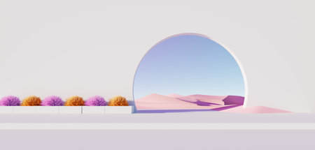 3d render Surreal pastel landscape background with geometric shapes, abstract fantastic desert dune in seasoning landscape with arches, panoramic, futuristic scene with copy space, blue sky and cloudyの写真素材