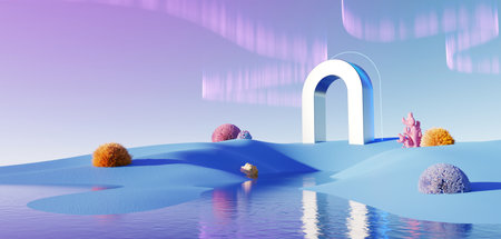 3d render Surreal pastel landscape background with geometric shapes, abstract fantastic desert dune in seasoning landscape with arches, panoramic, futuristic scene with copy space, blue sky and cloudyの写真素材