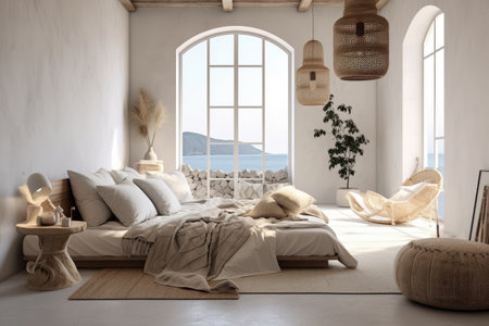 Boho minimal bedroom interior style with Home decoration mock up. Cozy beige tine stylish, furniture, comfortable bed, Modern design background with Generative AI.の素材