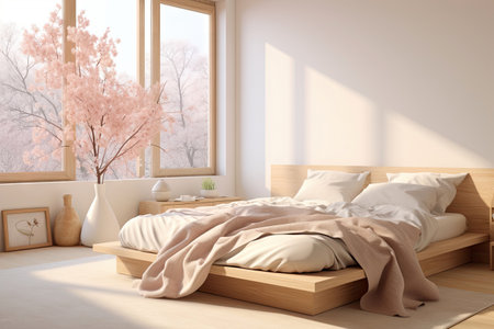 Cozy beige of modern interior bedroom design, decorate with luxury large bed, vase and glass window with natural light cast and shadow, with Generative Aiの素材
