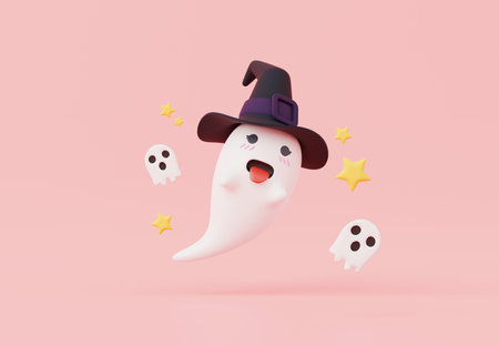 3d render, Halloween party elements decoration with minimal cute kitty ghost on pastel background, trick or treat concept.の写真素材